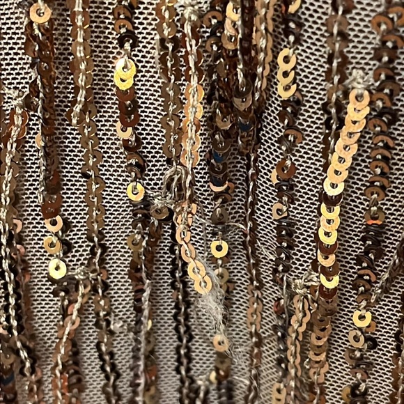 Carla Conti | Sequin gold/copper fringe mesh overlay mini dress Women’s size S - Picture 6 of 11